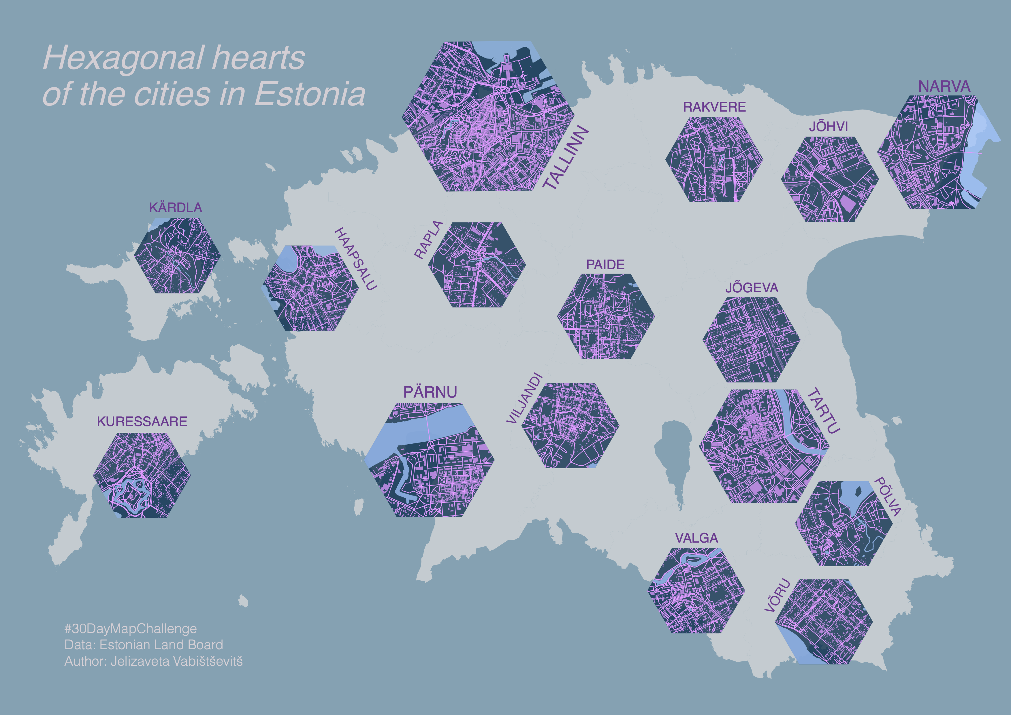 Hexagonal hearts of the cities in Estonia