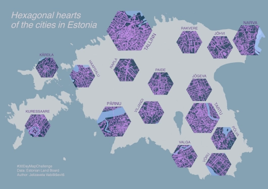 Hexagonal hearts of the cities in Estonia
